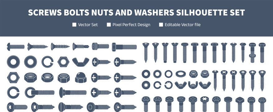 Screws bolts nuts and washers silhouette set with hardware fasteners isolated on white background industrial construction vector collection