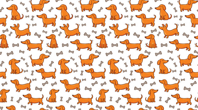 Seamless pattern with cute dachshund dogs and bones in repeating layout playful cartoon style vector background for pet themed design