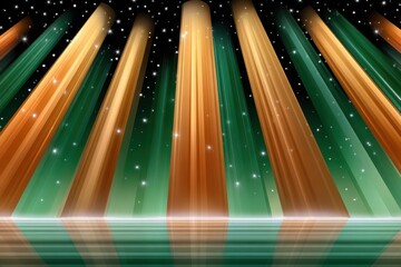 Naklejka premium Golden beams and glowing green light with starry reflections creating a festive abstract background
