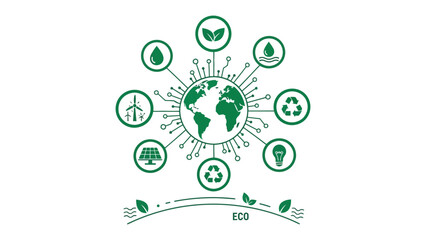 Eco-Consciousness: A vibrant graphic illustrates our planet at the center of sustainability, surrounded by symbols representing eco-friendly resources and practices. © Maira