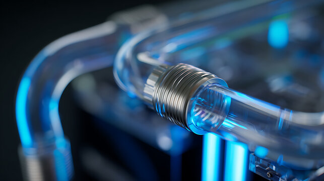 Close-up of translucent tubing with bright blue light, representing advanced technology, liquid cooling, or futuristic design in a dark setting