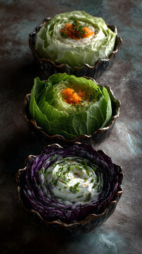 Backlit cabbage trio bowls ethereal health cfe c with layered green and purple cabbage cups filled with creamy center and garnish, moody food still life, rustic ceramic bowls, overhead light