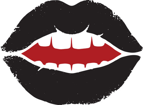 Black lipstick lips with red bat symbol vector silhouette illustration.