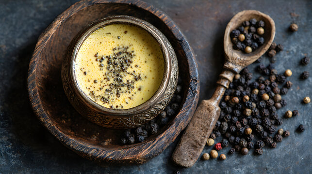 Golden milk latte with ground black pepper sprinkled on top creating warm spicy aroma and creamy texture