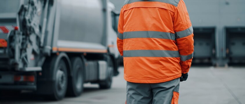 Worker prepares for shift beside garbage truck in industrial yard