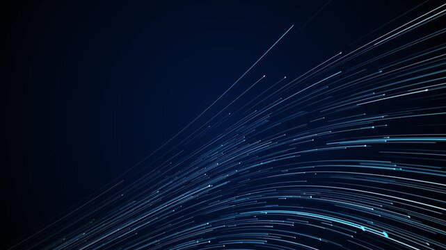 Blue fiber light speed background with curved cyan streaks, glowing dots, and dark copy space. technology videos, data motion, network intros, science visuals, software promos, sleek digital overlays.