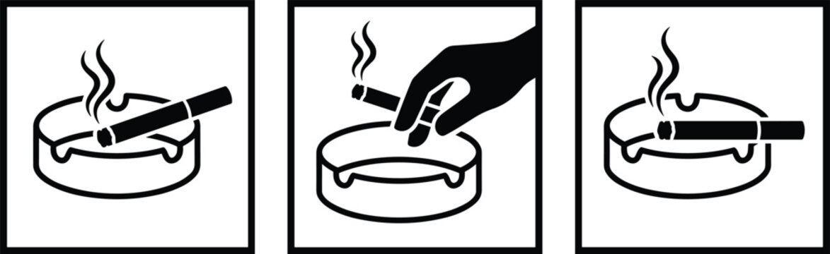 Set of three ashtray and cigarette silhouette vector illustrations showing smoking sequence with hand gesture