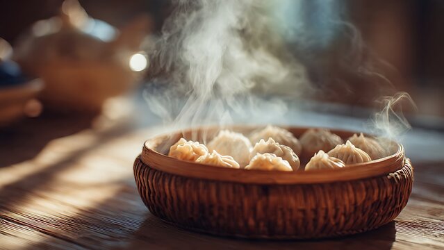 Steaming Dumplings in Basket.