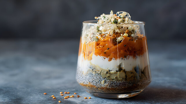 Chia pudding parfait with layered yogurt, pumpkin puree, kimchi style cabbage, sprouts and seeds in glass, creamy textured fusion breakfast or snack with rustic moody background