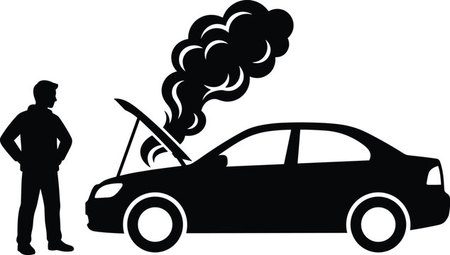 Silhouette of person near smoking car with open hood representing engine failure, breakdown, or automotive problem