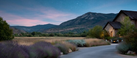 Fototapeta premium Countryside villa with lavender fields at dusk near mountains