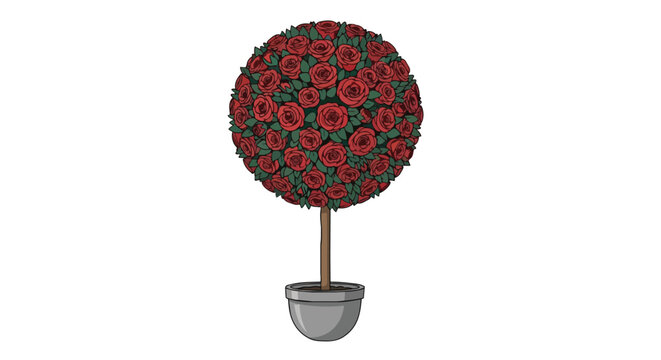 Elegant Red Rose Topiary Tree Illustration in a Grey Pot Spherical Floral Decoration