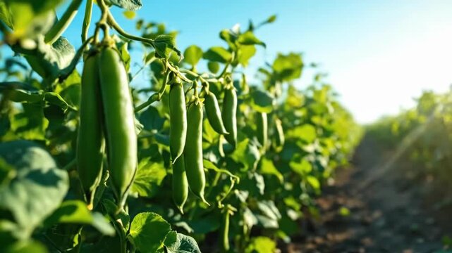 Vibrant green pea plants growing in sunlit field on clear day
