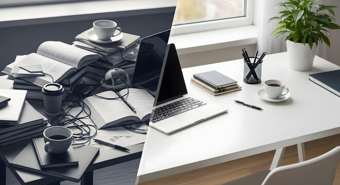 Split image of messy vs clean workspace with laptop, books, coffee, and desk accessories&mdash;showcasing productivity, organization, and minimalist office transformation concepts.