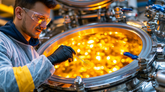 Single professional in disposable coveralls swabbing the interior of a chemical reactor hatch for residue testing, amber safety lighting reflecting off polished stainless steel walls inside the vess