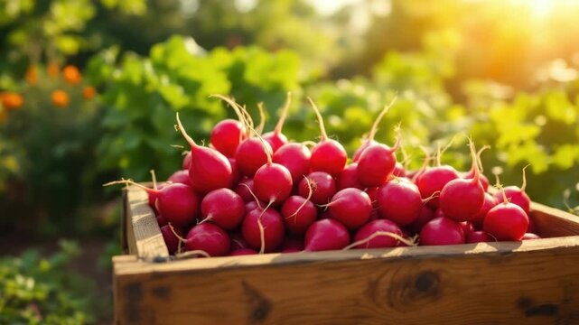 Freshly harvested radishes in wooden crate at sunlit garden
