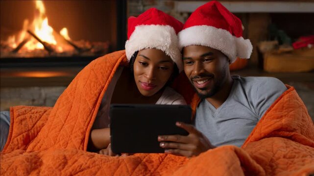 Cozy couple wears festive hats, wrapped in an orange blanket. They smile while holding a tablet together. Fire crackles softly in the background fireplace. Warm lighting enhances the holiday ambiance