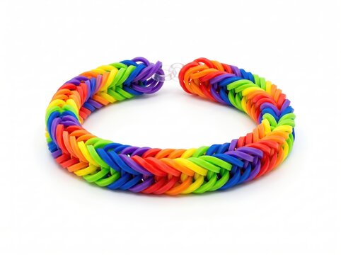 Rainbow colored loom band bracelet with fishtail pattern isolated on white background.