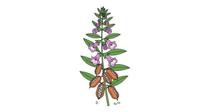Sesame plant illustration with blooming purple flowers green leaves and brown seed pods