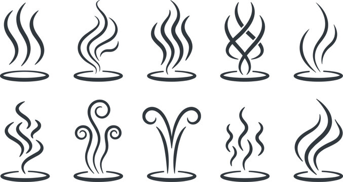 Set of ten stylized steam and vapor silhouette vector icons with abstract wavy lines for food, beverage, and spa design