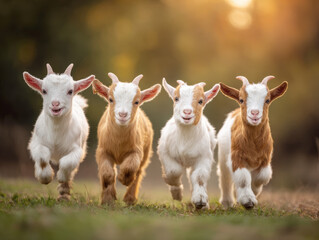 Naklejka premium group of cute baby goats running on green grass at sunset in farm field funny domestic animals playing together in nature rural landscape background young livestock and farming concept