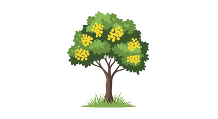 Fototapeta premium Lush Green Tree Illustration with Yellow Blossoms and Grass Isolated on White Background
