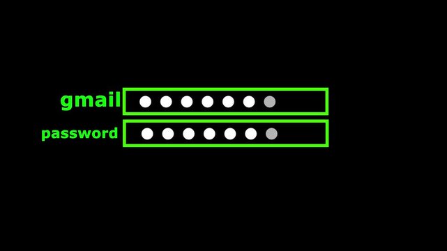 Animation process of entering gmail and password icon with access denied screen and check mark on black background 4k motion video.