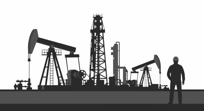 Oil drilling rig and pumpjacks silhouette with worker.
