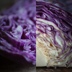 Obraz premium Purple cabbage slice close up texture vegetable cross section macro vivid layers crisp natural