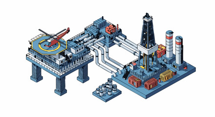 Offshore oil rig platform with helicopter pad and industrial complex. © fajri