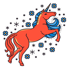 Fototapeta premium Unicorn with its dazzling horn shining among flowers