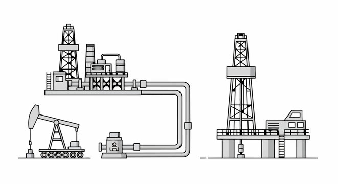 Oil drilling rig and pumpjack industrial illustration.