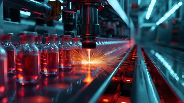 Automated Conveyor Belt With Glass Bottles In Modern Factory Production Line With Robotic Laser Processing And Red Glow
