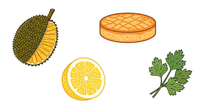 Graphic set of food elements including exotic jackfruit, lemon slice, cutlet and parsley sprig for recipe blog and menu design, vibrant hand drawn vector flat illustration on white bgs