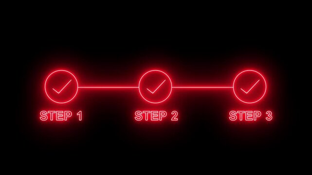 neon 3 step infographic step by step process icon animation. step process success with check marks animation on black background 4k video