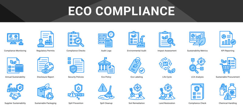 ECO COMPLIANCE  Icon set collection. Vector icon pack featuring thematic icons for your presentations or business.