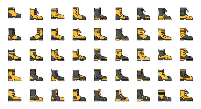 Collection of Safety Work Boots Icons Set Yellow and Black Footwear Different Types Vector Illustrations
