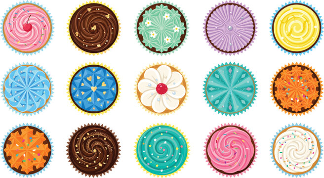 Cupcake grid with colorful frosting decorations, swirls, floral and geometric patterns, creative dessert art and celebration illustration