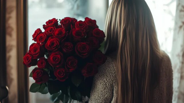 Woman holds a large bouquet of red roses. She stands near a window with soft light. Her long hair falls over her shoulders. The roses are full, vibrant, and fresh. The setting feels warm and intimate