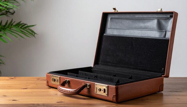 Open Leather Briefcase Sitting On Wooden Desk With Black Lining