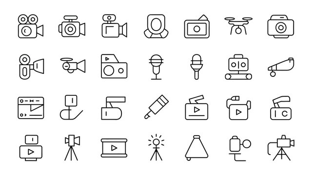 Minimalist line icons set of various video recording and filmmaking equipment