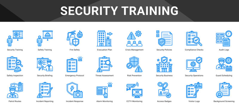 SECURITY TRAINING  Icon set collection. Vector icon pack featuring thematic icons for your presentations or business.