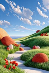 Naklejka premium Serene grassy hill with Easter eggs, red tulips and a winding path toward the sea