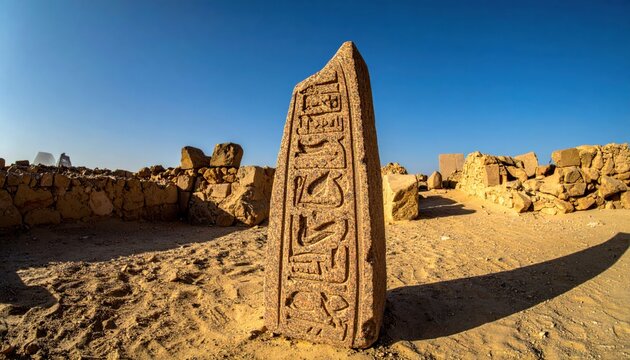 Ancient Meroitic script chiseled into a weathered granite obelisk fragment at an archaeological ruin site