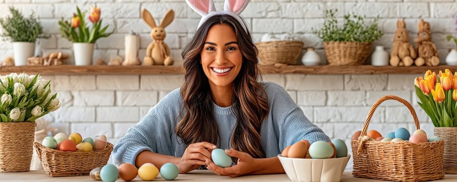Smiling woman in bunny ears decorating colorful Easter eggs at a spring table with baskets