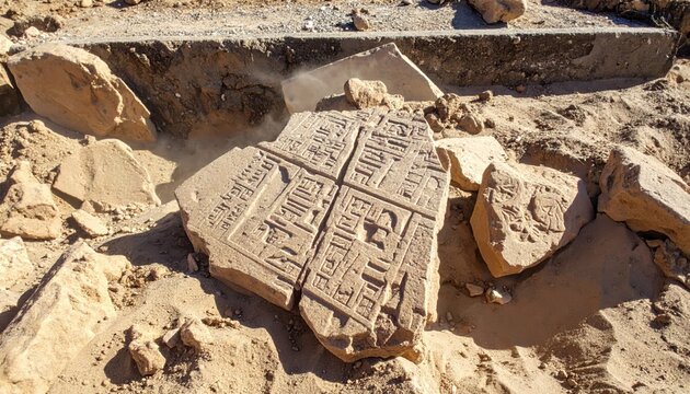 Broken ancient Sumerian clay tablet fragments with intricate cuneiform inscriptions discovered during archaeological excavation