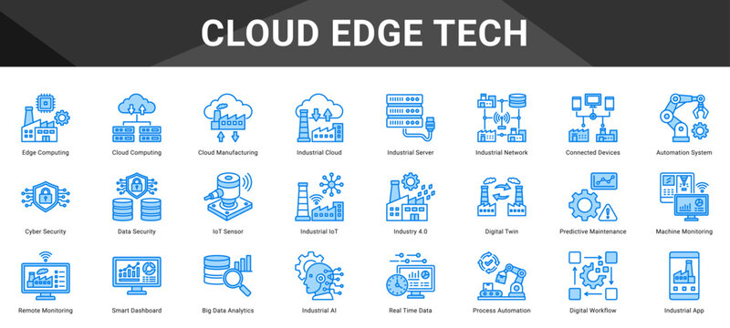 CLOUD EDGE TECH  Icon set collection. Vector icon pack featuring thematic icons for your presentations or business.