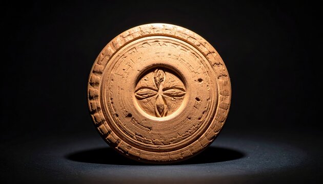 Ancient clay disc artifact with intricate impressions used for sealing or authenticating historical documents