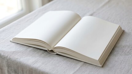 Fototapeta premium An open blank book lies on a table by a window.