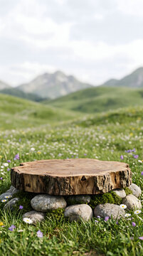 Wooden podium display on a meadow with mountains